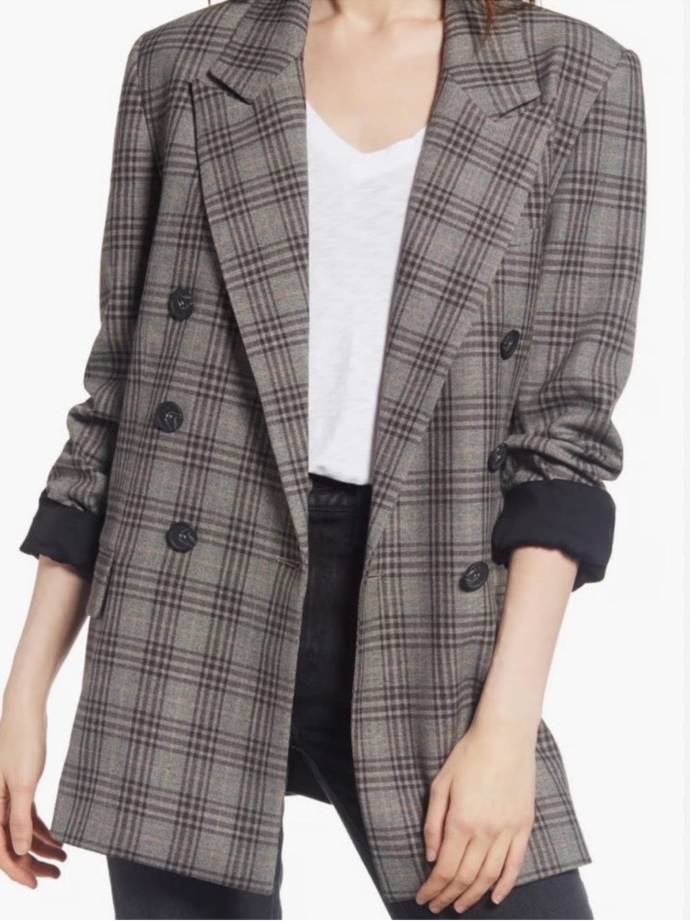 Free People Ashby Plaid black and Grey Double-Breasted Blazer Jacket size XS